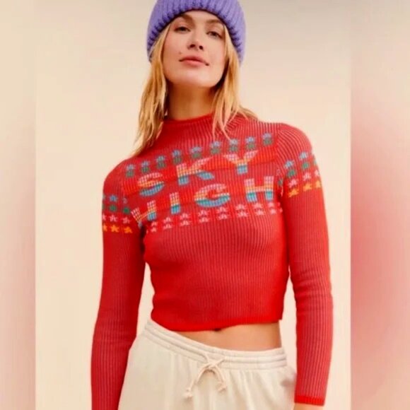 BDG Urban Outfitters Shauna Sky High Jacquard Cropped Sweater Red ski top LG - Picture 1 of 5